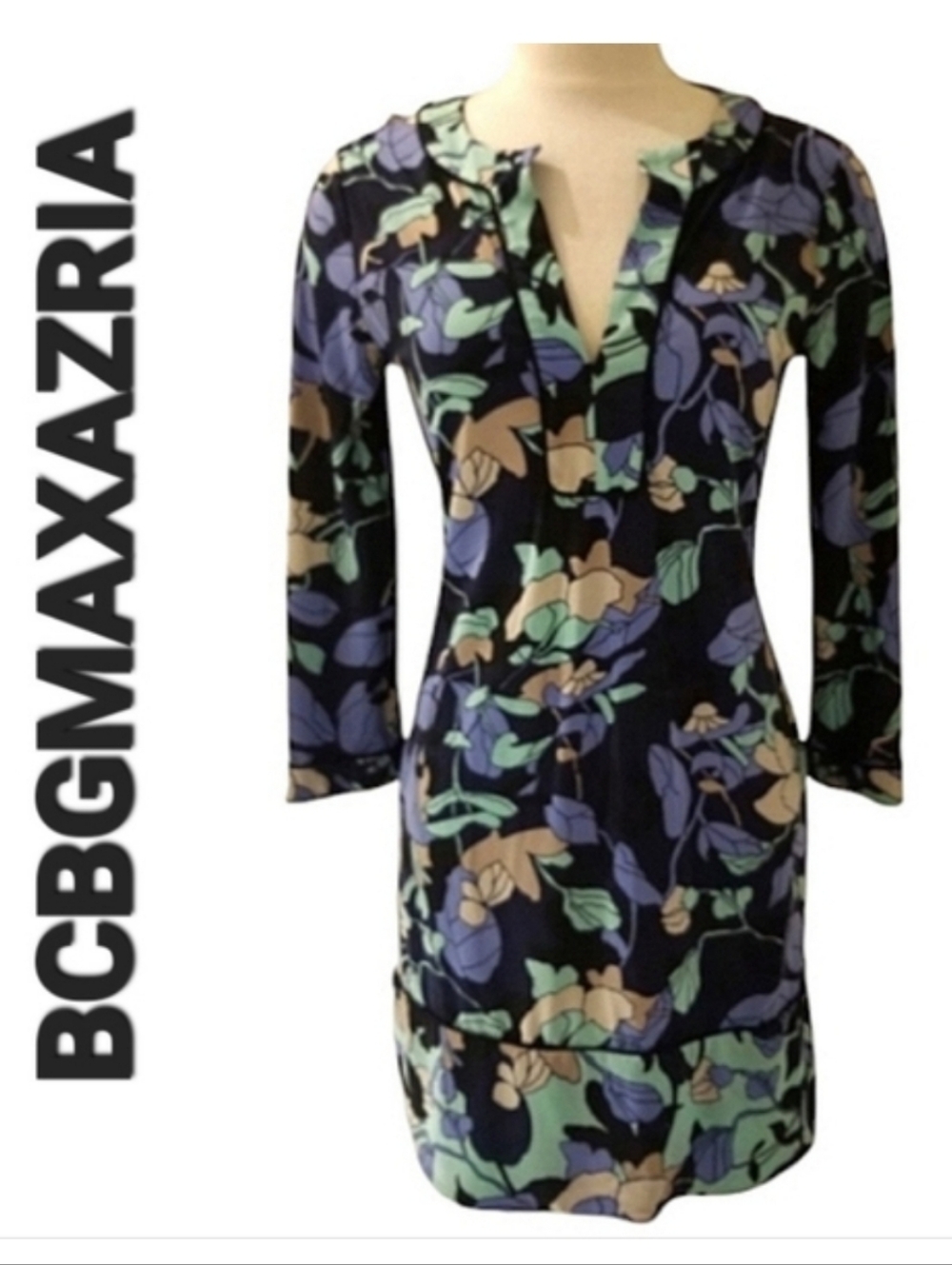 BCBGMAXAZRIA Navy Floral Print Long Sleeve Sheath Dress Sz Small